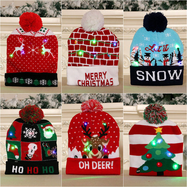 LED Christmas Hat Sweater Knitted Beanie Xmas New Year Decorations