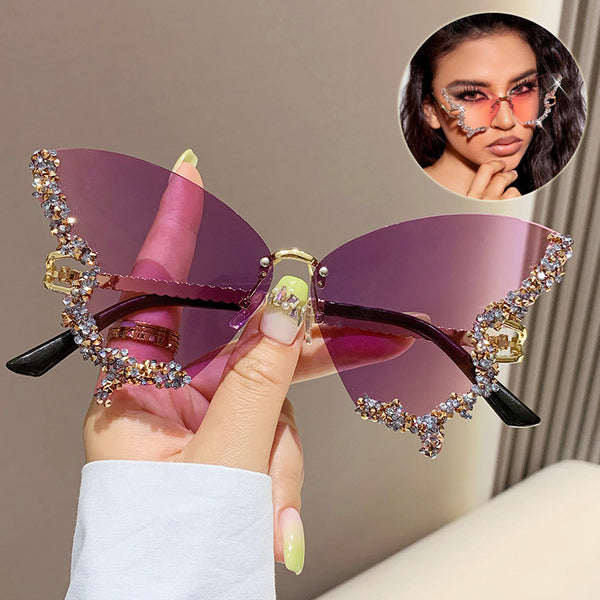 Vintage Rimless Oversized  Diamond Butterfly Sunglasses For Women