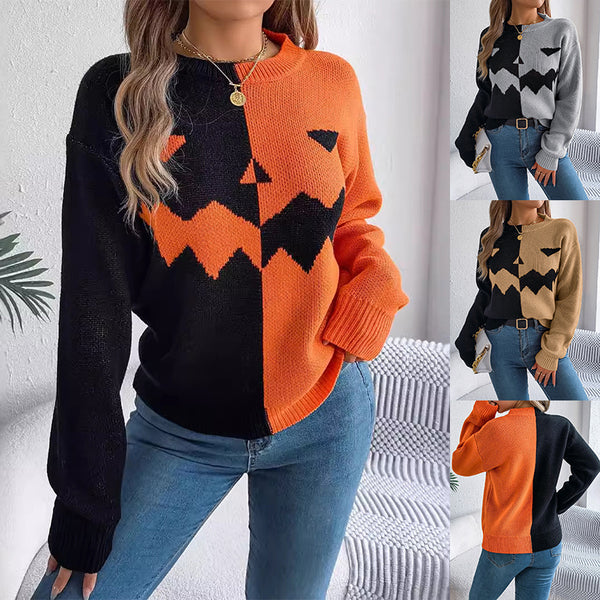 Halloween Contrast-color Pullover Sweater Fashion Long Sleeve Knitted Tops For Women