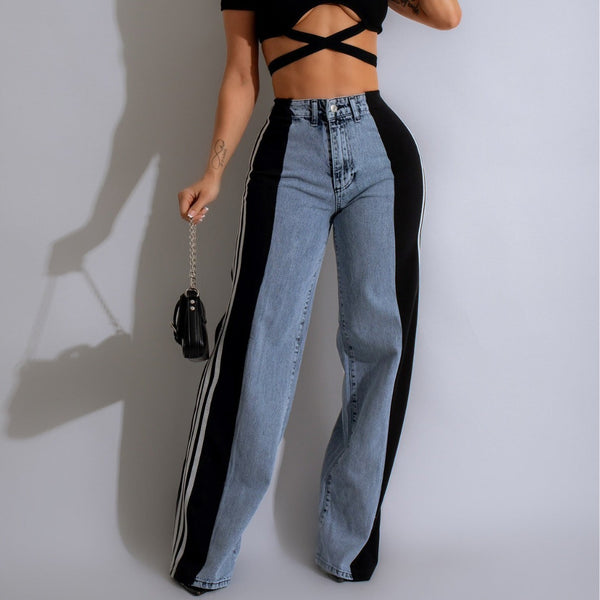 Casual High Waist Elastic Straight Leg Trousers Three Stripe Patchwork