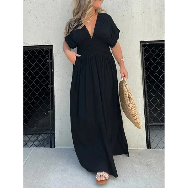 Fashion Bat-sleeved V-neck Slit Dress Summer Short Waist Long Dresses