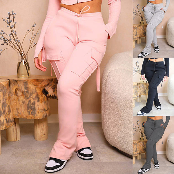 Cargo Pants With Pockets High Waist Drawstring Wide Leg Straight Trousers For Women