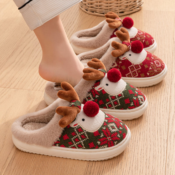 Fashion Non-slip Floor Bedroom Christmas Elk Plush Slippers For Winter