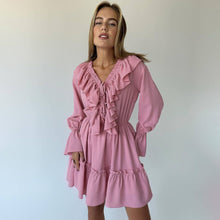 V Neck Pleated Ruffle Long Sleeve Dress For Women's