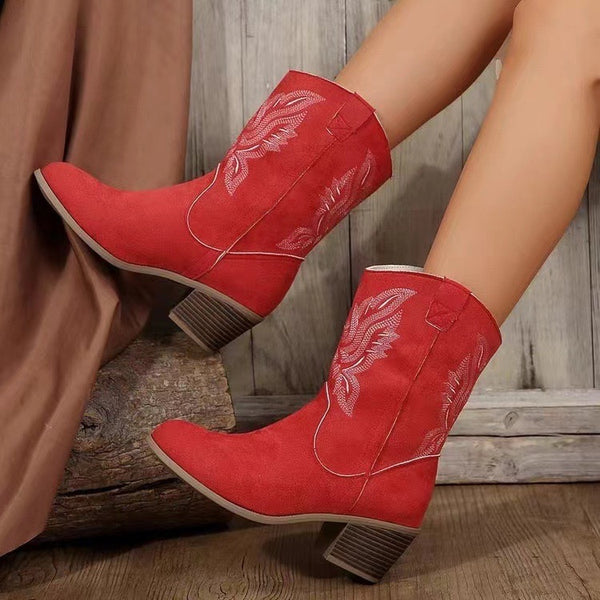 Chunky-heeled Ethnic Style Embroidered Mid-Tube Western Toe Boots