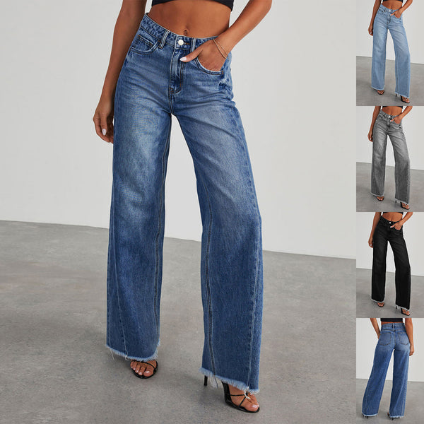 High Waist Slim Fit Straight Wide-leg Pants Jeans With Pocket For Women