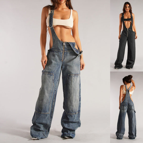 Zipper Denim Overalls Loose Suspender Jumpsuit Streetwear Jeans Pants