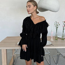 V Neck Pleated Ruffle Long Sleeve Dress For Women's