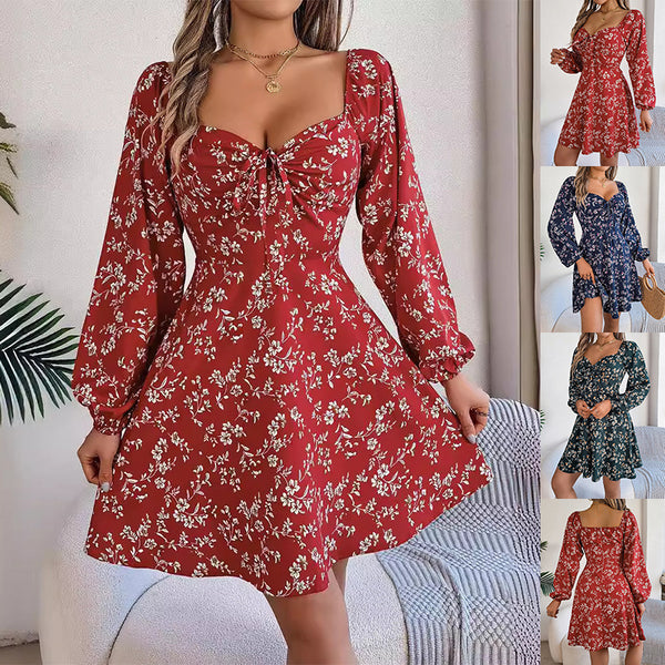 Floral Print  Casual Sexy Tie Square Neck Long Sleeve Lantern dress