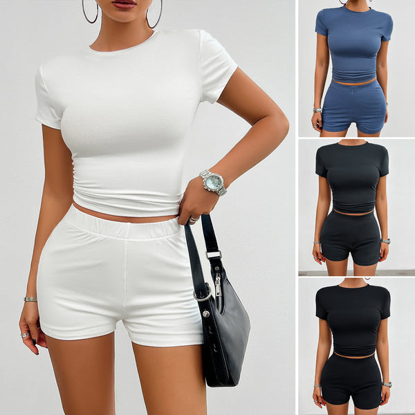 2Pcs Short-sleeved Round Neck T-shirt And Elastic Shorts For Women