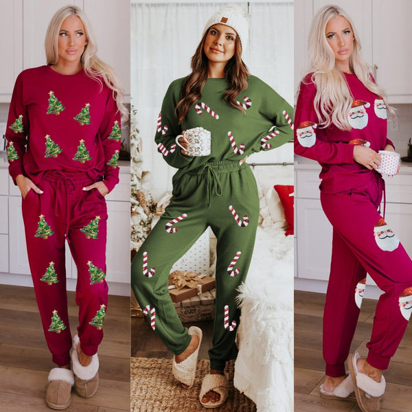 Women's Christmas Sequins Long Sleeve Two-piece Casual Set