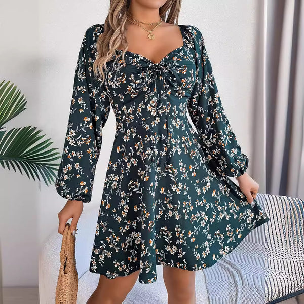 Floral Print  Casual Sexy Tie Square Neck Long Sleeve Lantern dress