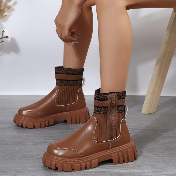 Non-slip Thick Mid-tube Boots With Zipper Design For Women Round Toe Shoes Winter