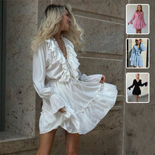 V Neck Pleated Ruffle Long Sleeve Dress For Women's