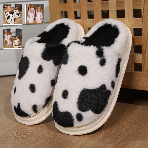 Cute Cow Spotted Plush Non-slip Slippers Winter Warm