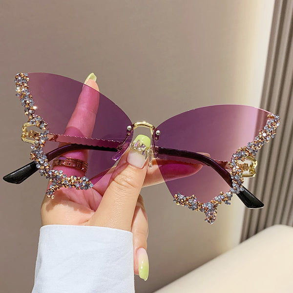 Vintage Rimless Oversized  Diamond Butterfly Sunglasses For Women