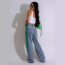 Casual High Waist Elastic Straight Leg Trousers Three Stripe Patchwork