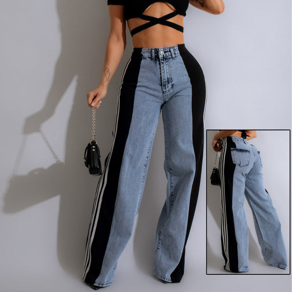 Casual High Waist Elastic Straight Leg Trousers Three Stripe Patchwork